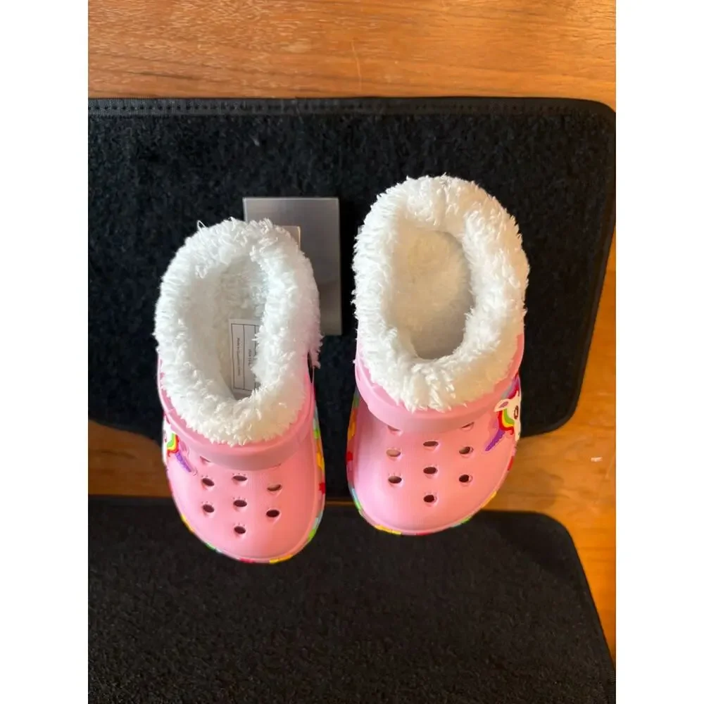 Girls Light Up Unicorn Clogs Size 6.5 Kids Pink Fuzzy Lined Slip On